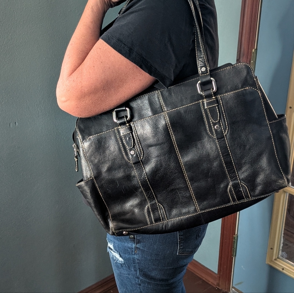 Fossil Large Heavy Black Leather Laptop Tote Office Travel Bag          C279 - Picture 16 of 16